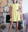 Çizgili Çan Model Kısa Pamuklu Elbise - Sarı