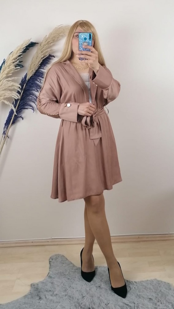 Krep Kumaş kolları taş Detaylı Elbise - Açık Camel