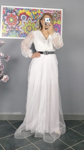 Uzun Kol Kemerli Kabartma Desen Elbise - Beyaz