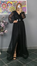 Uzun Kol Kemerli Kabartma Desen Elbise - Siyah