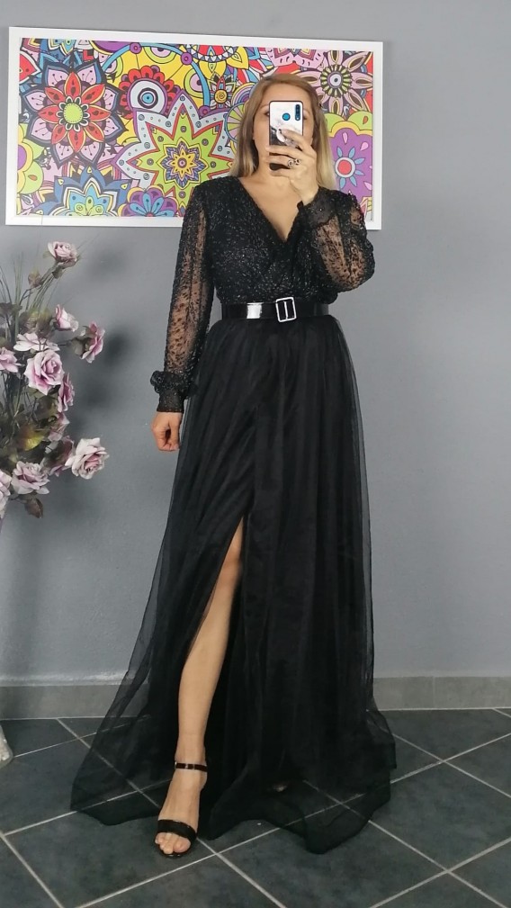 Uzun Kol Kemerli Kabartma Desen Elbise - Siyah