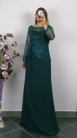 Tül Üzeri Kabartma Desen Şifon Elbise - Yeşil