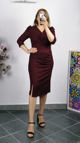 Belden Drapelı Simli Elbise - Bordo