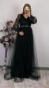Dantel İşlemeli Uzun Tül Kumaş Elbise - Siyah