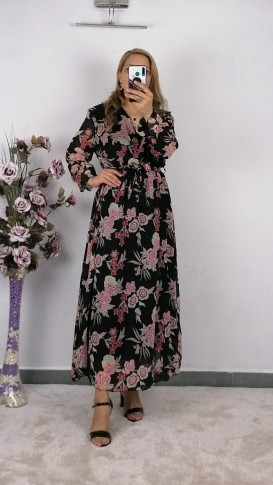 Uzun kol Pembe Çiçek Desen Şifon Elbise - Karısık renk