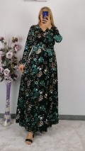 Uzun kol Çiçekli Kadife Elbise - Yeşil